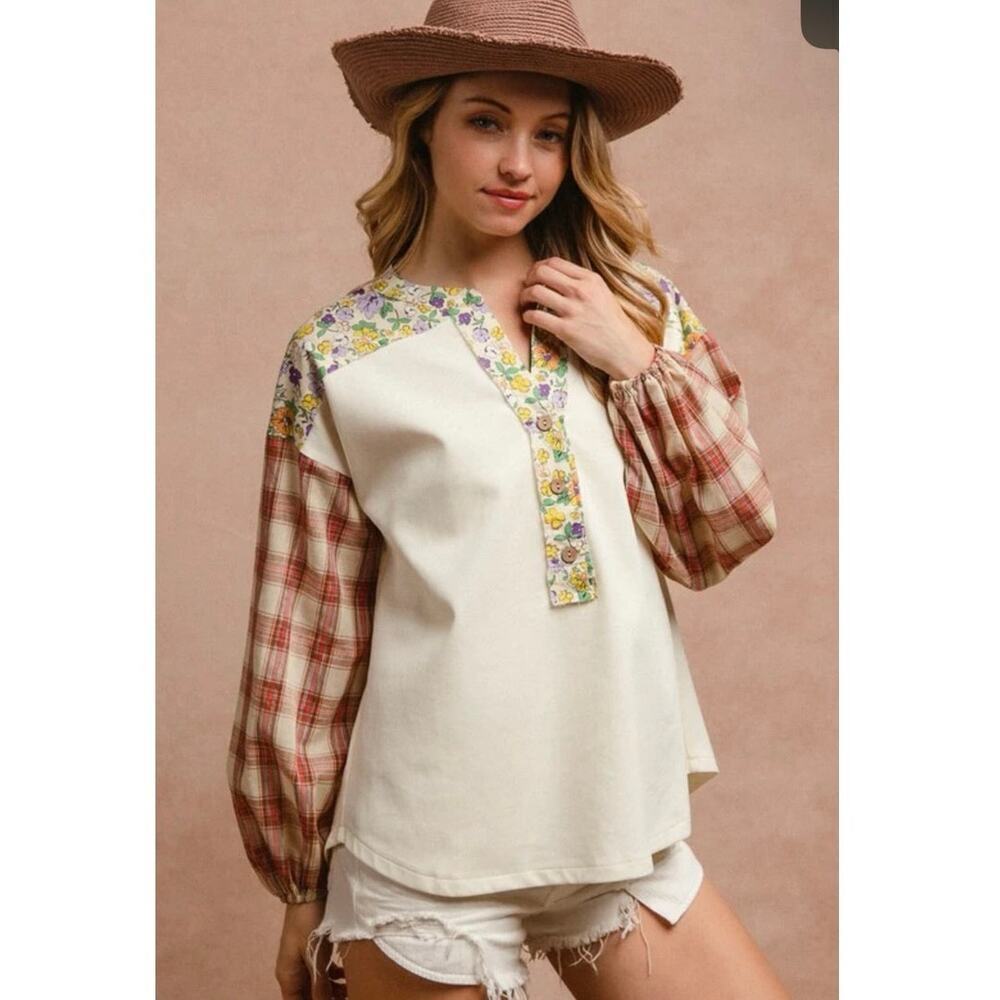 POL Cotton Mixed Media Floral Plaid Thermal Henley Relaxed Boho Cottagecore SM